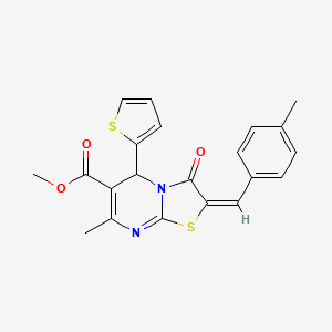 molecular formula C21H18N2O3S2 B11987377 methyl (2E)-7-methyl-2-(4-methylbenzylidene)-3-oxo-5-(2-thienyl)-2,3-dihydro-5H-[1,3]thiazolo[3,2-a]pyrimidine-6-carboxylate 