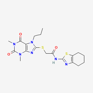 molecular formula C19H24N6O3S2 B1198750 2-[(1,3-dimethyl-2,6-dioxo-7-propyl-8-purinyl)thio]-N-(4,5,6,7-tetrahydro-1,3-benzothiazol-2-yl)acetamide 