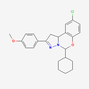 molecular formula C23H25ClN2O2 B11989286 9-Chloro-5-cyclohexyl-2-(4-methoxyphenyl)-5,10b-dihydro-1H-benzo[e]pyrazolo[1,5-c][1,3]oxazine CAS No. 303061-31-6