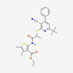 molecular formula C28H31N3O3S2 B11989538 Ethyl 2-({2-[(6-tert-butyl-3-cyano-4-phenyl-2-pyridinyl)thio]propanoyl}amino)-4,5-dimethyl-3-thiophenecarboxylate 