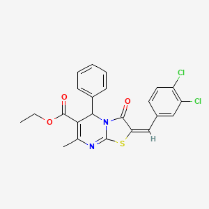 molecular formula C23H18Cl2N2O3S B11989928 ethyl (2E)-2-(3,4-dichlorobenzylidene)-7-methyl-3-oxo-5-phenyl-2,3-dihydro-5H-[1,3]thiazolo[3,2-a]pyrimidine-6-carboxylate 