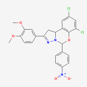 molecular formula C24H19Cl2N3O5 B11990004 7,9-Dichloro-2-(3,4-dimethoxyphenyl)-5-(4-nitrophenyl)-1,10B-dihydropyrazolo[1,5-C][1,3]benzoxazine 