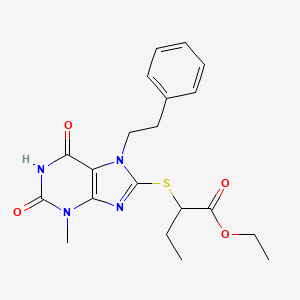 molecular formula C20H24N4O4S B11990090 ethyl 2-{[3-methyl-2,6-dioxo-7-(2-phenylethyl)-2,3,6,7-tetrahydro-1H-purin-8-yl]sulfanyl}butanoate 