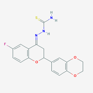 molecular formula C18H16FN3O3S B11990119 (2E)-2-[2-(2,3-dihydro-1,4-benzodioxin-6-yl)-6-fluoro-2,3-dihydro-4H-chromen-4-ylidene]hydrazinecarbothioamide 