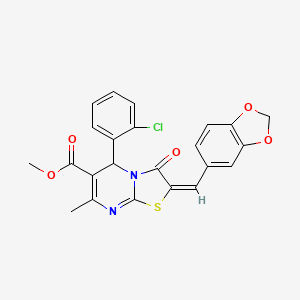 molecular formula C23H17ClN2O5S B11990536 Methyl (2E)-2-(1,3-benzodioxol-5-ylmethylene)-5-(2-chlorophenyl)-7-methyl-3-oxo-2,3-dihydro-5H-[1,3]thiazolo[3,2-A]pyrimidine-6-carboxylate 