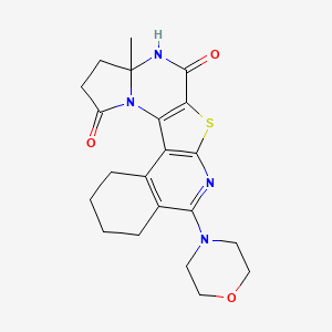 molecular formula C21H24N4O3S B1199121 7-Methyl-14-morpholin-4-yl-11-thia-3,8,13-triazapentacyclo[10.8.0.02,10.03,7.015,20]icosa-1(12),2(10),13,15(20)-tetraene-4,9-dione 
