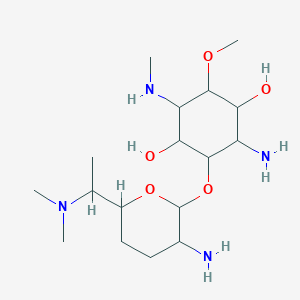 molecular formula C17H36N4O5 B1199203 2-Amino-3-[3-amino-6-[1-(dimethylamino)ethyl]oxan-2-yl]oxy-6-methoxy-5-(methylamino)cyclohexane-1,4-diol CAS No. 71657-33-5