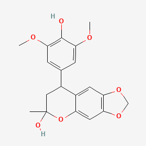 molecular formula C19H20O7 B11992231 7,8-Dihydro-8-(4-hydroxy-3,5-dimethoxyphenyl)-6-methyl-6H-1,3-dioxolo(4,5-g)(1)benzopyran-6-ol CAS No. 117211-99-1