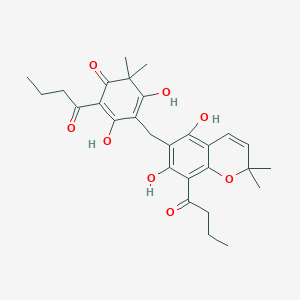 molecular formula C28H34O8 B1199422 2-Butanoyl-4-[(8-butanoyl-5,7-dihydroxy-2,2-dimethylchromen-6-yl)methyl]-3,5-dihydroxy-6,6-dimethylcyclohexa-2,4-dien-1-one 