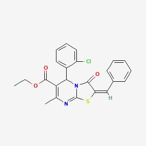 molecular formula C23H19ClN2O3S B11994587 ethyl (2E)-2-benzylidene-5-(2-chlorophenyl)-7-methyl-3-oxo-2,3-dihydro-5H-[1,3]thiazolo[3,2-a]pyrimidine-6-carboxylate 