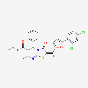 molecular formula C27H20Cl2N2O4S B11994985 ethyl (2E)-2-{[5-(2,4-dichlorophenyl)-2-furyl]methylene}-7-methyl-3-oxo-5-phenyl-2,3-dihydro-5H-[1,3]thiazolo[3,2-a]pyrimidine-6-carboxylate 