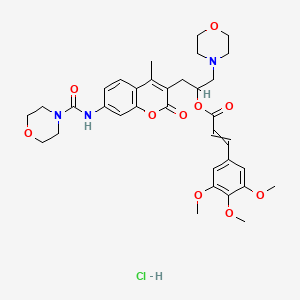 molecular formula C34H42ClN3O10 B1199503 [1-[4-Methyl-7-(morpholine-4-carbonylamino)-2-oxochromen-3-yl]-3-morpholin-4-ylpropan-2-yl] 3-(3,4,5-trimethoxyphenyl)prop-2-enoate;hydrochloride 