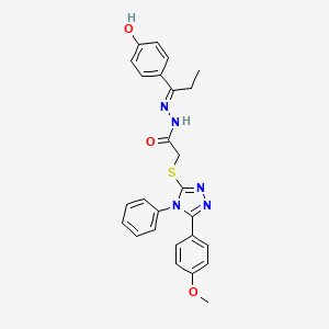 molecular formula C26H25N5O3S B11995210 N'-[(1E)-1-(4-hydroxyphenyl)propylidene]-2-{[5-(4-methoxyphenyl)-4-phenyl-4H-1,2,4-triazol-3-yl]sulfanyl}acetohydrazide 