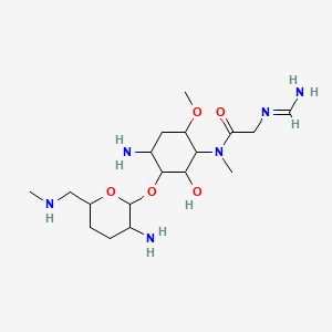 molecular formula C18H36N6O5 B1199779 N-[4-amino-3-[3-amino-6-(methylaminomethyl)oxan-2-yl]oxy-2-hydroxy-6-methoxycyclohexyl]-2-(aminomethylideneamino)-N-methylacetamide CAS No. 77312-55-1