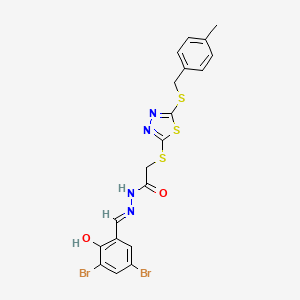 molecular formula C19H16Br2N4O2S3 B11998082 N'-[(E)-(3,5-dibromo-2-hydroxyphenyl)methylidene]-2-({5-[(4-methylbenzyl)sulfanyl]-1,3,4-thiadiazol-2-yl}sulfanyl)acetohydrazide 