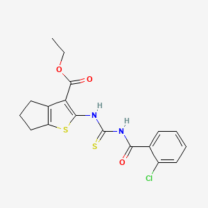 molecular formula C18H17ClN2O3S2 B11998594 Ethyl 2-({[(2-chlorobenzoyl)amino]carbothioyl}amino)-5,6-dihydro-4H-cyclopenta[B]thiophene-3-carboxylate 