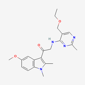 molecular formula C21H26N4O3 B1199907 2-[[5-(Ethoxymethyl)-2-methyl-4-pyrimidinyl]amino]-1-(5-methoxy-1,2-dimethyl-3-indolyl)ethanone 
