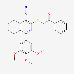 molecular formula C27H26N2O4S B11999429 3-[(2-Oxo-2-phenylethyl)sulfanyl]-1-(3,4,5-trimethoxyphenyl)-5,6,7,8-tetrahydroisoquinoline-4-carbonitrile 