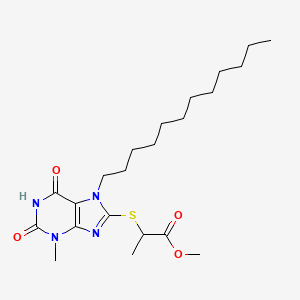 molecular formula C22H36N4O4S B11999939 methyl 2-[(7-dodecyl-6-hydroxy-3-methyl-2-oxo-3,7-dihydro-2H-purin-8-yl)sulfanyl]propanoate 