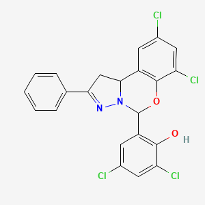 molecular formula C22H14Cl4N2O2 B12000407 2,4-Dichloro-6-(7,9-dichloro-2-phenyl-1,10b-dihydropyrazolo[1,5-c][1,3]benzoxazin-5-yl)phenol 