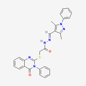 molecular formula C28H24N6O2S B12001123 N'-[(E)-(3,5-dimethyl-1-phenyl-1H-pyrazol-4-yl)methylidene]-2-[(4-oxo-3-phenyl-3,4-dihydroquinazolin-2-yl)sulfanyl]acetohydrazide 