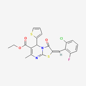 molecular formula C21H16ClFN2O3S2 B12001598 Ethyl (2E)-2-(2-chloro-6-fluorobenzylidene)-7-methyl-3-oxo-5-(2-thienyl)-2,3-dihydro-5H-[1,3]thiazolo[3,2-A]pyrimidine-6-carboxylate 