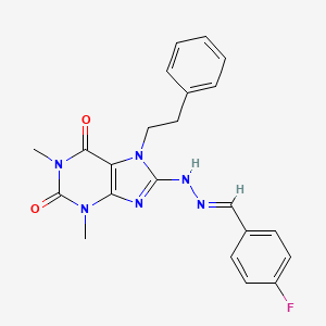 molecular formula C22H21FN6O2 B12004093 (E)-8-(2-(4-fluorobenzylidene)hydrazinyl)-1,3-dimethyl-7-phenethyl-1H-purine-2,6(3H,7H)-dione 