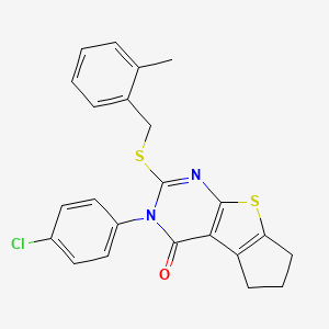 molecular formula C23H19ClN2OS2 B12004123 3-(4-chlorophenyl)-2-[(2-methylbenzyl)sulfanyl]-3,5,6,7-tetrahydro-4H-cyclopenta[4,5]thieno[2,3-d]pyrimidin-4-one 
