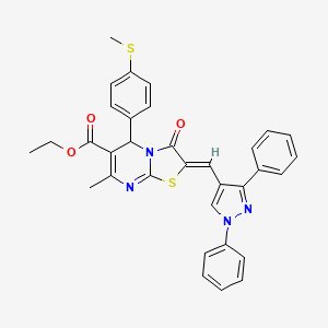 molecular formula C33H28N4O3S2 B12005014 Ethyl 2-((1,3-diphenyl-1H-pyrazol-4-yl)methylene)-7-methyl-5-(4-(methylthio)phenyl)-3-oxo-3,5-dihydro-2H-thiazolo[3,2-a]pyrimidine-6-carboxylate CAS No. 623935-41-1