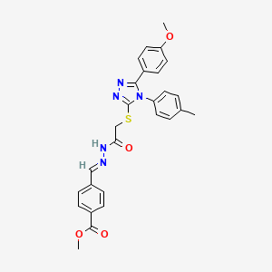 molecular formula C27H25N5O4S B12005900 methyl 4-{(E)-[2-({[5-(4-methoxyphenyl)-4-(4-methylphenyl)-4H-1,2,4-triazol-3-yl]sulfanyl}acetyl)hydrazinylidene]methyl}benzoate 