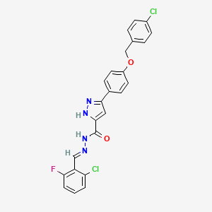 molecular formula C24H17Cl2FN4O2 B12006894 3-{4-[(4-Chlorobenzyl)oxy]phenyl}-N'-[(E)-(2-chloro-6-fluorophenyl)methylidene]-1H-pyrazole-5-carbohydrazide 