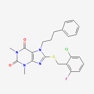 molecular formula C23H22ClFN4O2S B12008274 8-[(2-Chloro-6-fluorophenyl)methylsulfanyl]-1,3-dimethyl-7-(3-phenylpropyl)purine-2,6-dione 