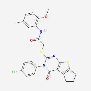molecular formula C25H22ClN3O3S2 B12008356 2-{[3-(4-chlorophenyl)-4-oxo-3,5,6,7-tetrahydro-4H-cyclopenta[4,5]thieno[2,3-d]pyrimidin-2-yl]sulfanyl}-N-(2-methoxy-5-methylphenyl)acetamide 