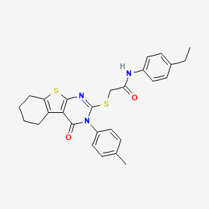molecular formula C27H27N3O2S2 B12008557 N-(4-ethylphenyl)-2-{[3-(4-methylphenyl)-4-oxo-3,4,5,6,7,8-hexahydro[1]benzothieno[2,3-d]pyrimidin-2-yl]sulfanyl}acetamide CAS No. 499124-39-9