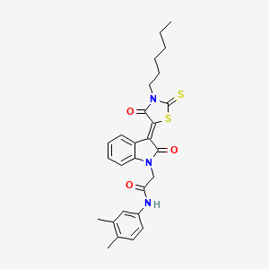 molecular formula C27H29N3O3S2 B12009155 N-(3,4-dimethylphenyl)-2-[(3Z)-3-(3-hexyl-4-oxo-2-thioxo-1,3-thiazolidin-5-ylidene)-2-oxo-2,3-dihydro-1H-indol-1-yl]acetamide CAS No. 618075-84-6