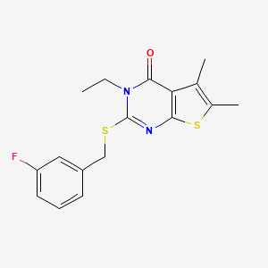 molecular formula C17H17FN2OS2 B12010900 3-Ethyl-2-((3-fluorobenzyl)thio)-5,6-dimethylthieno[2,3-d]pyrimidin-4(3H)-one CAS No. 573669-02-0