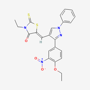 molecular formula C23H20N4O4S2 B12011272 5-((3-(4-Ethoxy-3-nitrophenyl)-1-phenyl-1H-pyrazol-4-yl)methylene)-3-ethyl-2-thioxothiazolidin-4-one CAS No. 623935-56-8
