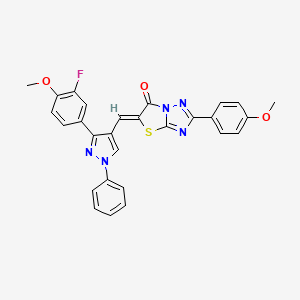 molecular formula C28H20FN5O3S B12011992 (5Z)-5-{[3-(3-Fluoro-4-methoxyphenyl)-1-phenyl-1H-pyrazol-4-YL]methylene}-2-(4-methoxyphenyl)[1,3]thiazolo[3,2-B][1,2,4]triazol-6(5H)-one CAS No. 623935-17-1