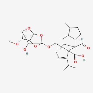 molecular formula C27H36O9 B1201268 9-Formyl-2-[(9-hydroxy-8-methoxy-2,4,6-trioxatricyclo[3.3.1.03,7]nonan-5-yl)oxymethyl]-5-methyl-13-propan-2-yltetracyclo[7.4.0.02,11.04,8]tridec-12-ene-1-carboxylic acid 
