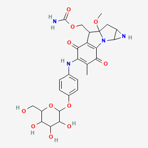 molecular formula C27H32N4O11 B1201311 [7-Methoxy-12-methyl-10,13-dioxo-11-[4-[3,4,5-trihydroxy-6-(hydroxymethyl)oxan-2-yl]oxyanilino]-2,4-diazatetracyclo[7.4.0.02,7.03,5]trideca-1(9),11-dien-8-yl]methyl carbamate CAS No. 99396-19-7