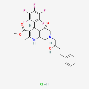 molecular formula C27H26ClF5N2O4 B1201338 1,4,5,6,7,8-Hexahydro-2-methyl-5-oxo-4-(pentafluorophenyl)-7-(2-hydroxy-4-phenylbutyl)-1,7-naphthyridine-3-carboxylic acid methyl ester hcl CAS No. 100822-63-7