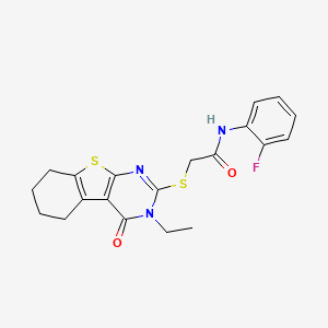 molecular formula C20H20FN3O2S2 B12013419 2-[(3-ethyl-4-oxo-3,4,5,6,7,8-hexahydro[1]benzothieno[2,3-d]pyrimidin-2-yl)sulfanyl]-N-(2-fluorophenyl)acetamide CAS No. 618427-93-3