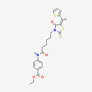 molecular formula C23H24N2O4S3 B12014035 Ethyl 4-({6-[(5E)-4-oxo-5-(2-thienylmethylene)-2-thioxo-1,3-thiazolidin-3-YL]hexanoyl}amino)benzoate 