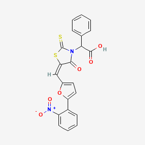 molecular formula C22H14N2O6S2 B12014121 ((5E)-5-{[5-(2-nitrophenyl)-2-furyl]methylene}-4-oxo-2-thioxo-1,3-thiazolidin-3-yl)(phenyl)acetic acid 