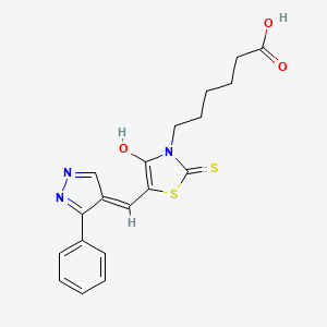 molecular formula C19H19N3O3S2 B12014340 6-{(5Z)-4-Oxo-5-[(3-phenyl-1H-pyrazol-4-YL)methylene]-2-thioxo-1,3-thiazolidin-3-YL}hexanoic acid 