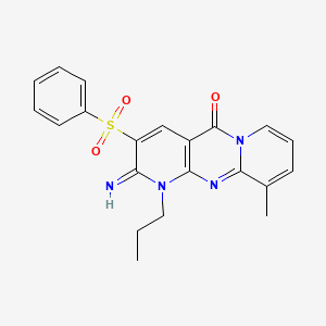 molecular formula C21H20N4O3S B12014399 5-(benzenesulfonyl)-6-imino-11-methyl-7-propyl-1,7,9-triazatricyclo[8.4.0.03,8]tetradeca-3(8),4,9,11,13-pentaen-2-one CAS No. 606957-68-0