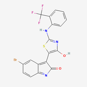 molecular formula C18H9BrF3N3O2S B12014867 (3Z)-5-bromo-3-(4-oxo-2-[2-(trifluoromethyl)anilino]-1,3-thiazol-5(4H)-ylidene)-1,3-dihydro-2H-indol-2-one 