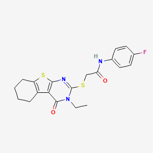 molecular formula C20H20FN3O2S2 B12014974 2-[(3-ethyl-4-oxo-3,4,5,6,7,8-hexahydro[1]benzothieno[2,3-d]pyrimidin-2-yl)sulfanyl]-N-(4-fluorophenyl)acetamide CAS No. 587013-59-0