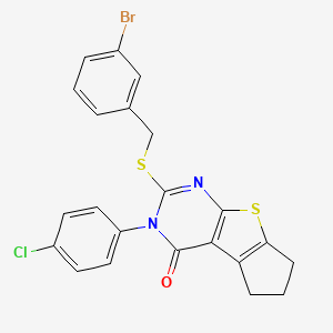 molecular formula C22H16BrClN2OS2 B12015041 2-[(3-bromobenzyl)sulfanyl]-3-(4-chlorophenyl)-3,5,6,7-tetrahydro-4H-cyclopenta[4,5]thieno[2,3-d]pyrimidin-4-one CAS No. 578758-83-5