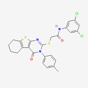 molecular formula C25H21Cl2N3O2S2 B12015053 N-(3,5-dichlorophenyl)-2-{[3-(4-methylphenyl)-4-oxo-3,4,5,6,7,8-hexahydro[1]benzothieno[2,3-d]pyrimidin-2-yl]sulfanyl}acetamide 